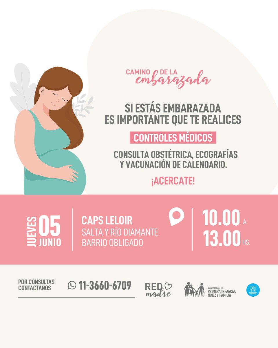 El jueves 5 de junio realizaremos un nuevo operativo de Camino de la Embarazada en Barrio Obligado, para que quienes lo necesiten puedan realizarse los controles debidos🤰
Mirá los detalles del operativo en la foto