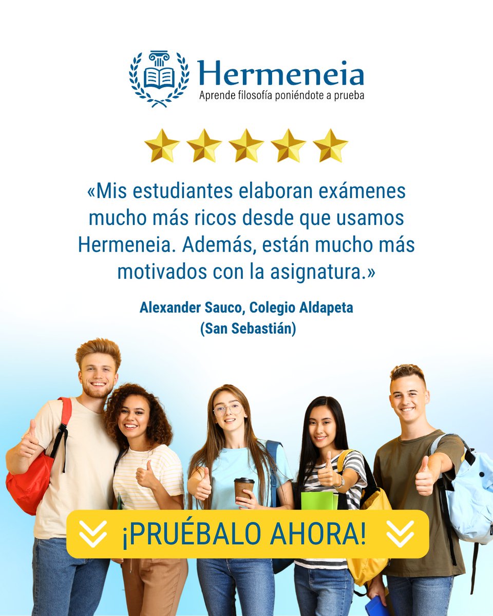 💫 Prepara tus clases de Historia de la Filosofía para la Selectividad con Hermeneia. Una app que adapta el aprendizaje a cada estudiante y te ayuda a personalizar sus conocimientos.
¡Solicita una demo! 👉hermeneia.es/short/ATFA7Cix…