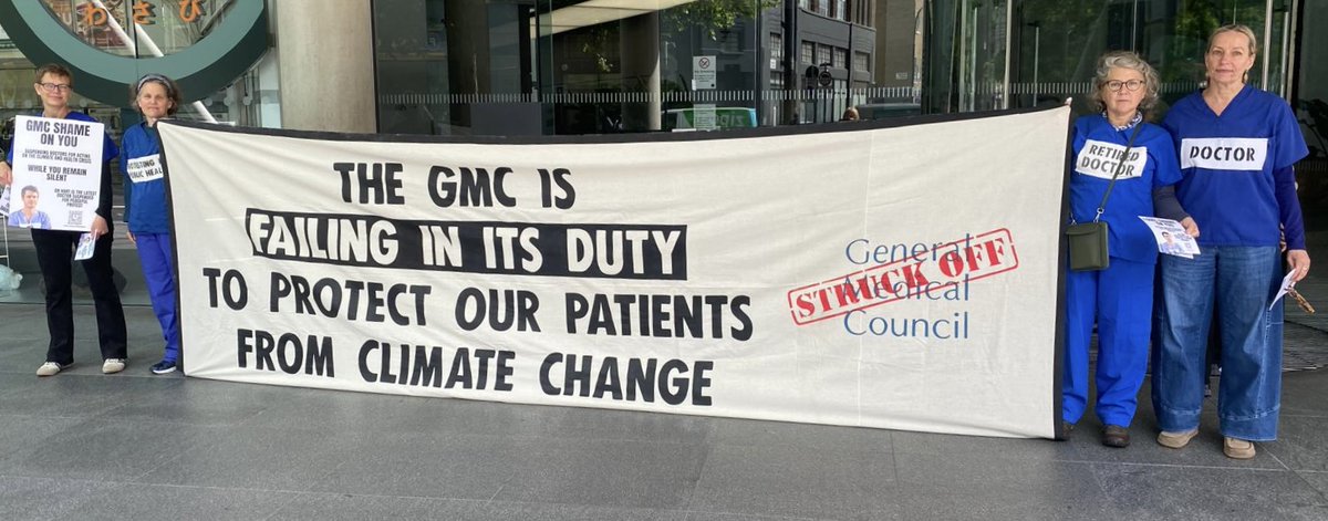 1🧵Health workers protesting outside a third <a href="/gmcuk/">GMC</a>  council meeting this morning to demand appropriate climate leadership and an end to the persecution of climate activist doctors - healthforxr.com/3621-2/