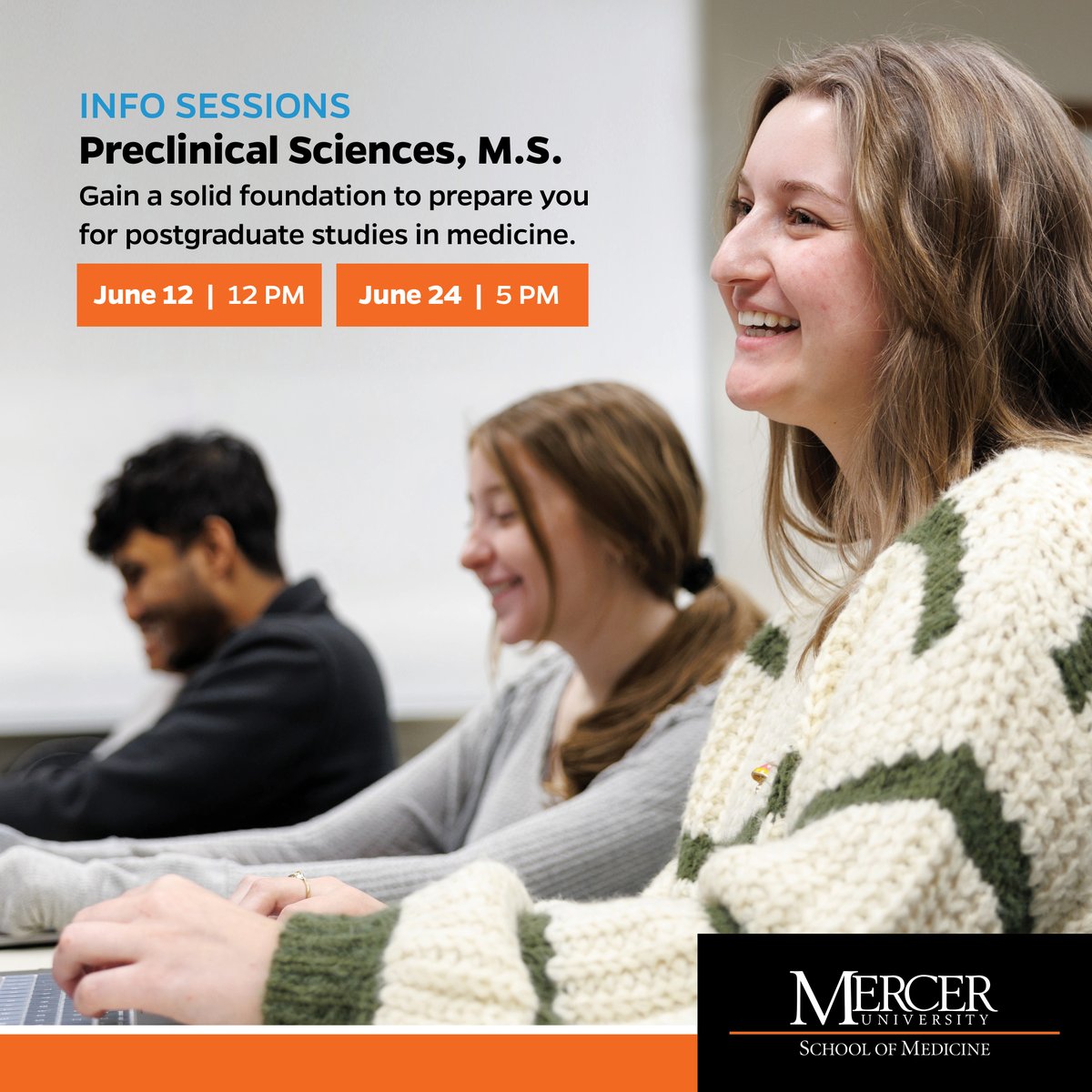 🧬 Thinking about a future in medicine or research? Join a virtual info session to learn about Mercer’s MS in Preclinical Sciences!​
🌞 June 12 at 12 PM​
🕔 June 24 at 5 PM​
Sign up: loom.ly/V5m5z3g