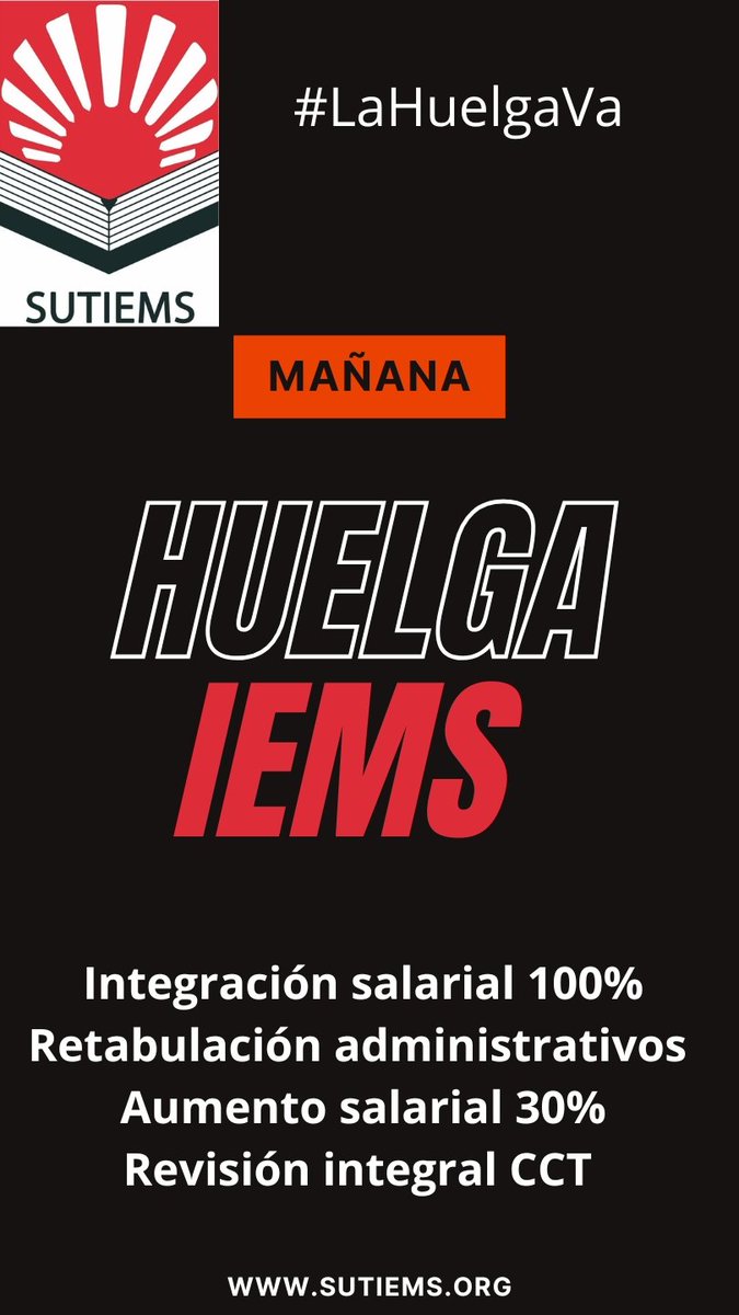 📢#HUELGA <a href="/IEMS_CDMX/">IEMS CDMX</a>  

En punto de las 06:00 5 junio 2025 se instalarán banderas  rojinegras en 28 planteles

<a href="/ClaraBrugadaM/">Clara Brugada Molina</a> SOLUCIÓN 

<a href="/adn40/">adnnoticiasmx</a> <a href="/AristeguiOnline/">Aristegui Noticias</a> <a href="/Desinformemonos/">Desinformémonos</a> <a href="/ImagenTVMex/">Imagen Televisión</a> <a href="/julioastillero/">Julio Astillero</a> <a href="/laprensaoem/">LA PRENSA</a> <a href="/laprensaoem/">LA PRENSA</a> <a href="/Pajaropolitico/">Animal Político</a> <a href="/Milenio/">Milenio</a> <a href="/PdPagina/">Pie de Página</a>