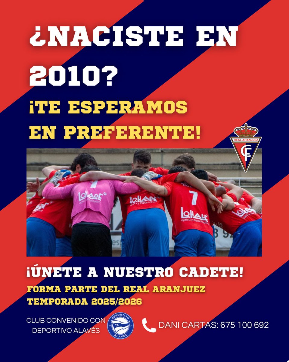 ¿Naciste en 2010? ¡Te estamos buscando!🫵🏻

Únete a nuestro 𝗖𝗔𝗗𝗘𝗧𝗘 y forma parte del Real Aranjuez para la temporada 2025/2026⚽️

📞 Dani Cartas: 675 100 692

#VamosAranjuez #OrgulloRibereño