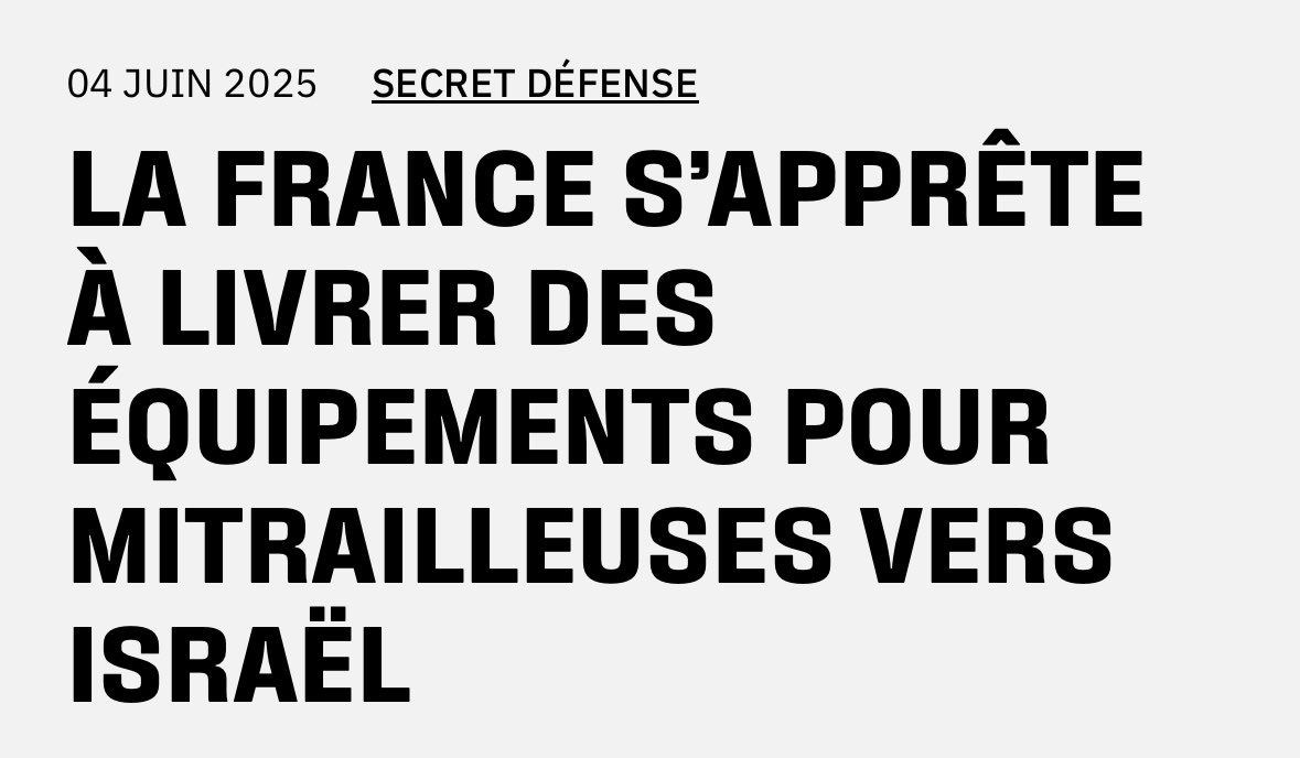 Les livraisons d’armes 🇫🇷 à Israël continueraient en secret. <a href="/Disclose_ngo/">Disclose</a> révèle qu’un cargo israélien chargera, jeudi à Fos-sur-Mer, 14 tonnes de pièces pour fusils mitrailleurs fournies par la société 🇫🇷 Eurolinks. <a href="/EmmanuelMacron/">Emmanuel Macron</a> une explication? Stoppez l’exportation !