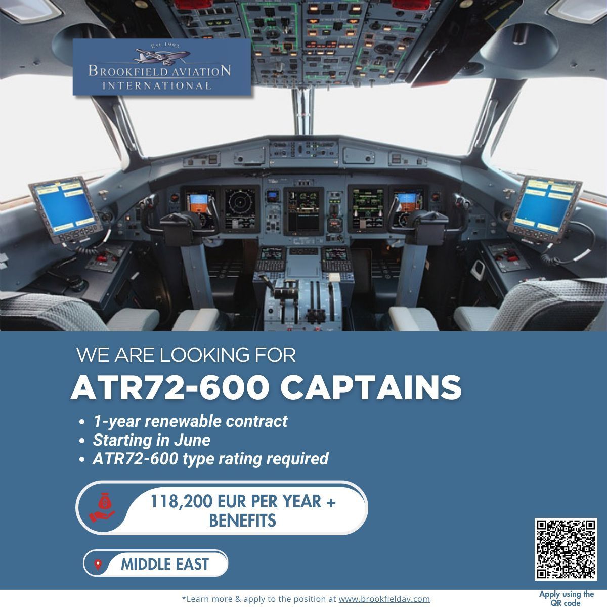 Brookfield_AV's tweet photo. Apply here: https://t.co/pLgOHhkjlw 
For further enquiries, contact Alejandro Vidal at alejandro@brookfieldav.com.

We are looking for ATR72-600 Type Rated Captains, to join our client in the Middle East. 118,200 EUR per year plus benefits. https://t.co/kSCxK3KOCB