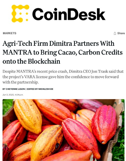 Matt May (@mattomexplorer) on Twitter photo 🤯 🧑🌾 Blockchain hits the farm!
Agri-tech firm <a href="/dimitratech/">Dimitra Technology</a> partnered with <a href="/MANTRA_Chain/">MANTRA | Tokenizing RWAs</a> to put cacao & carbon credits on-chain. This is about empowering farmers & bringing $1bn+ of RWA on-chain.
Real-world impact is HERE! Onward and Omwards!
#Blockchain #AgriTech #RWA 🤯 🧑🌾 Blockchain hits the farm!
Agri-tech firm <a href="/dimitratech/">Dimitra Technology</a> partnered with <a href="/MANTRA_Chain/">MANTRA | Tokenizing RWAs</a> to put cacao & carbon credits on-chain. This is about empowering farmers & bringing $1bn+ of RWA on-chain.
Real-world impact is HERE! Onward and Omwards!
#Blockchain #AgriTech #RWA