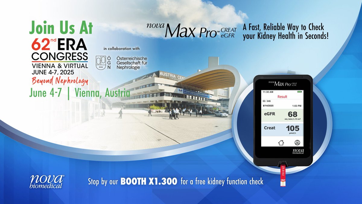 Join us at the 62nd ERA Congress! Visit us at Booth X1.300 for a free kidney function screening using the Nova Max Pro™ Creatinine/eGFR meter—a fast, reliable way to check your kidney health in seconds. Don’t miss this opportunity to learn more about your health!
#ERA25