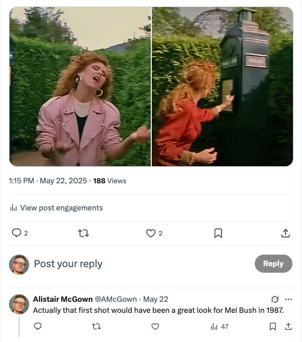 AMcGown's tweet image. So, yeah, here's me on Twitter last week doing a gag about a police post in an 1988 T'Pau video and remarking how Carol Decker's look would have suited Mel Bush in #DoctorWho. So here we are a week later ...