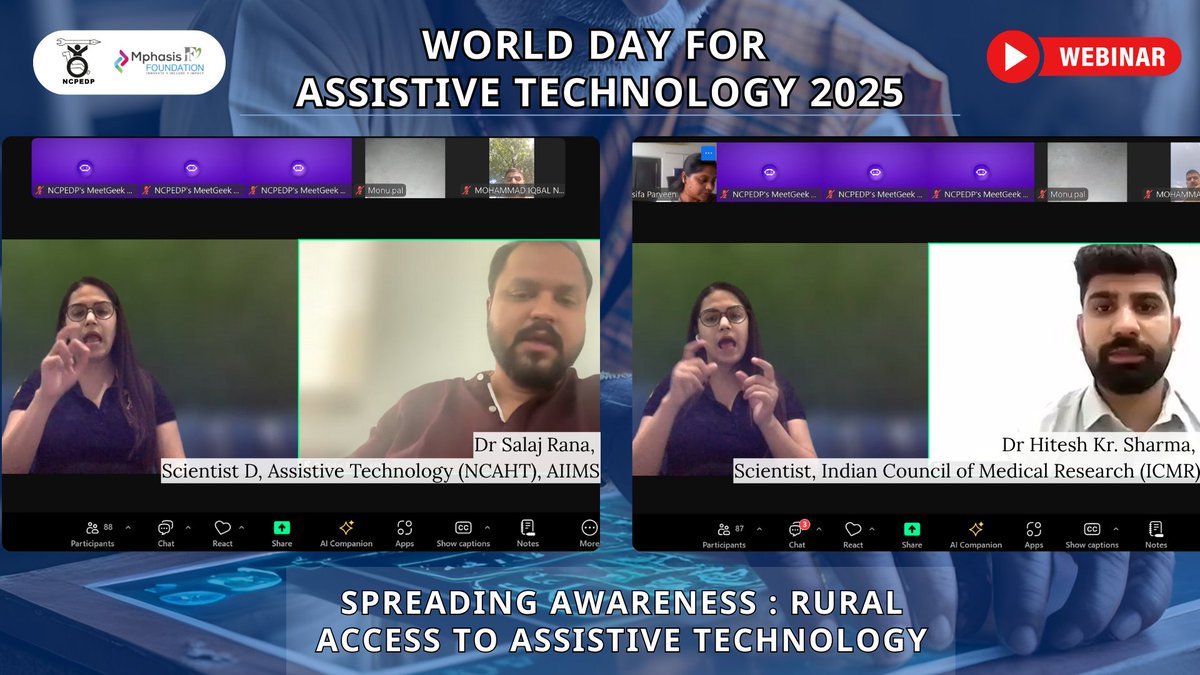 NCPEDP (@ncpedp_india) on Twitter photo Today’s webinar on “Spreading Awareness: Rural Access to Assistive Technology”, held as part of the World Day for Assistive Technology, focused on the urgent need to improve awareness and access to AT in rural India.
Smt. Manmeet Kaur Nanda, IAS (DEPwD, <a href="/socialpwds/">Divyang Empowerment</a> <a href="/MSJEGOI/">Ministry of Social Justice & Empowerment, GOI</a> ) Today’s webinar on “Spreading Awareness: Rural Access to Assistive Technology”, held as part of the World Day for Assistive Technology, focused on the urgent need to improve awareness and access to AT in rural India.
Smt. Manmeet Kaur Nanda, IAS (DEPwD, <a href="/socialpwds/">Divyang Empowerment</a> <a href="/MSJEGOI/">Ministry of Social Justice & Empowerment, GOI</a> )