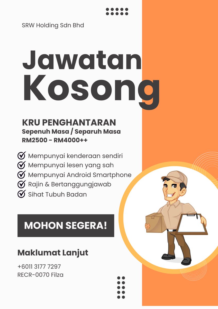 EzaaAzimi's tweet image. PENGAMBILAN SEGERA
PART TIME / FULL TIME

wa.link/1c38nd

#kerjakosong #parttime #fulltime #rider #driver #sorter #income #urgent