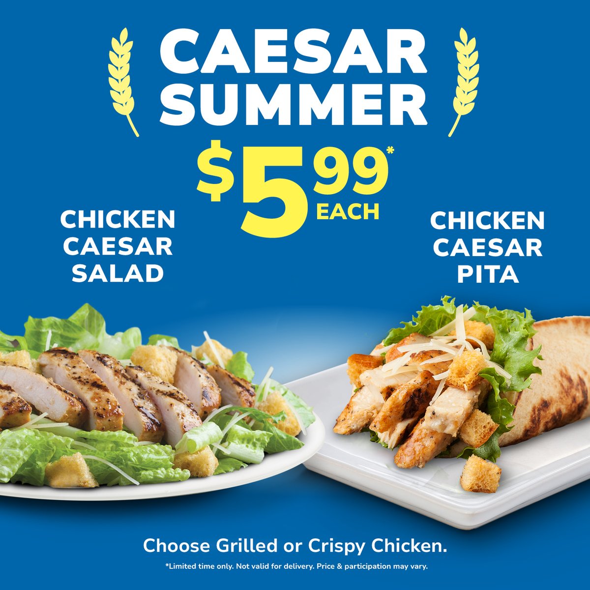 WOW! 😮 Only $5.99 for a Chicken Caesar Salad or Pita!* Made fresh to order with your choice of Crispy or Grilled Chicken with crisp lettuce &amp; creamy Caesar dressing. Visit #MiamiGrill today for this limited time offer.
*Price &amp; participation may vary. Not valid for delivery