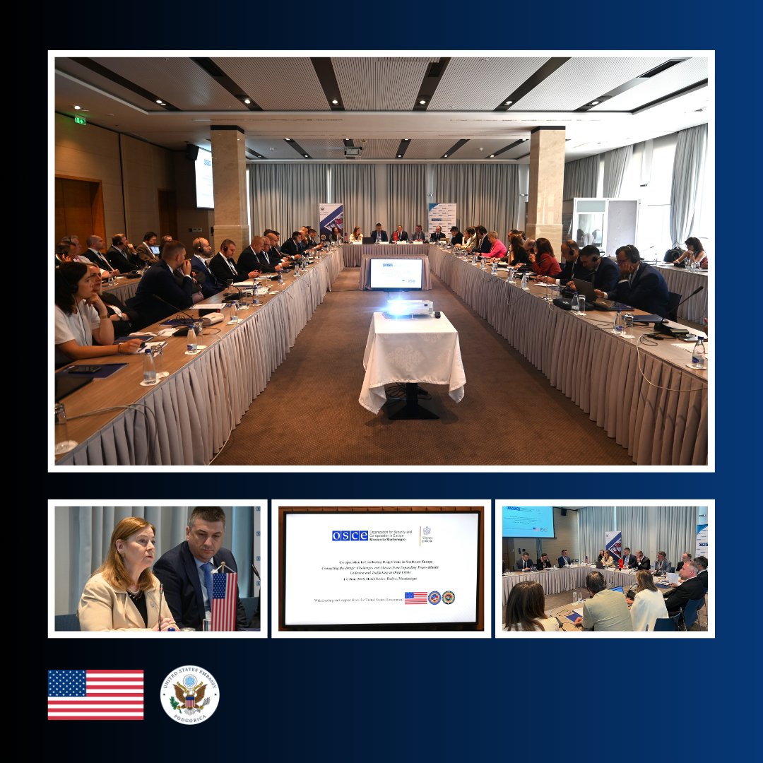 USEmbassyMNE's tweet photo. At the #INL, #ICITAP & @OSCE conference in #Budva on fighting drug crime in #SEEurope, @USAmbMNE highlighted that victory over #DrugTrafficking requires relentless commitment, innovation, and cross-border collaboration. #Montenegro has been an important partner in this battle, yet the fight continues. Together, we can dismantle criminal networks and create safer communities for all! #USpartnerMNE 🇺🇸🤝🇲🇪