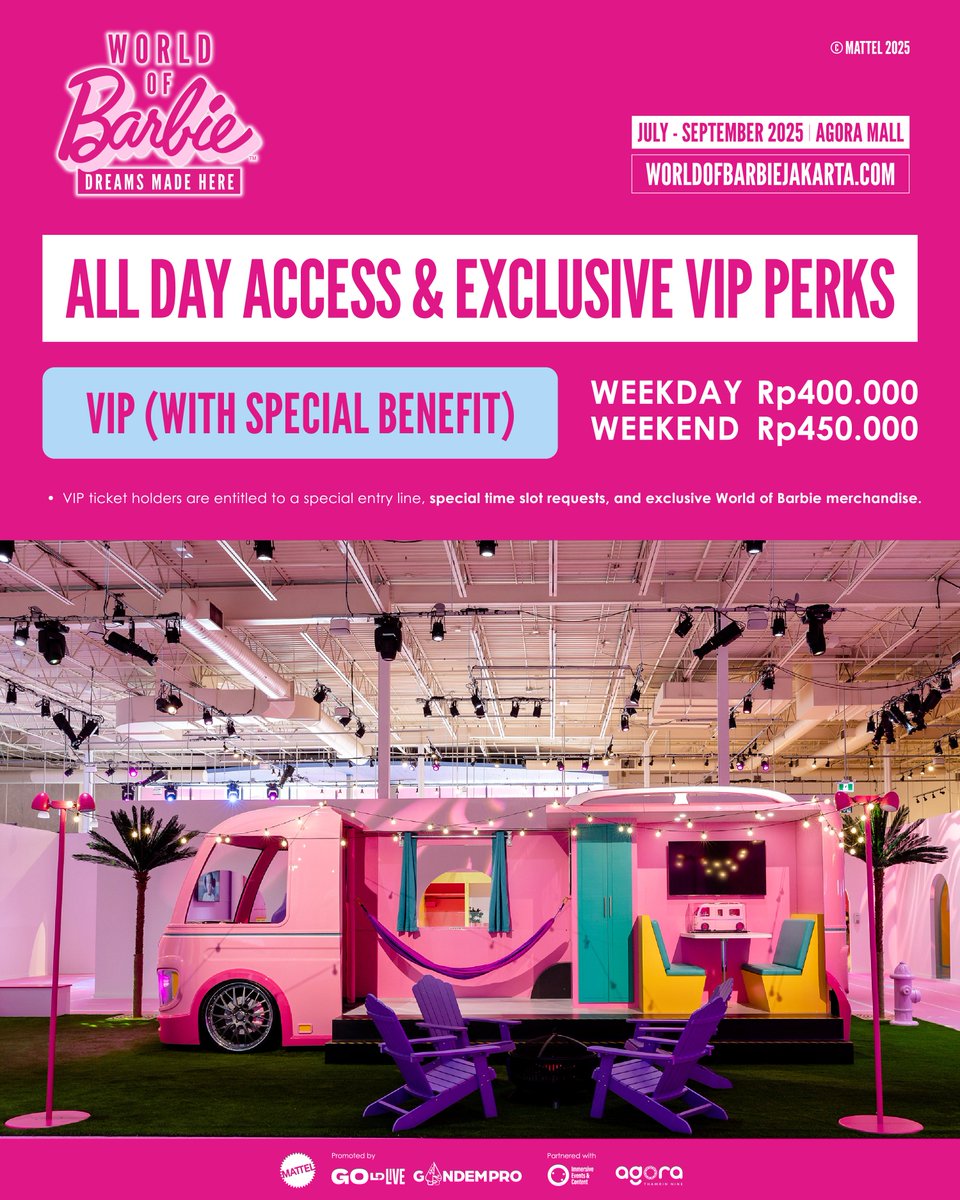 GOLDLive Indonesia dengan bangga mempersembahkan pengalaman interaktif dari Mattel: World of Barbie: Dreams Made Here™, July-September di Agora Mall Jakarta.

Tiket bisa dibeli mulai besok, 5 Juni jam 10 pagi di worldofbarbiejakarta.com 🩷 #WorldofBarbie #WOBJakarta