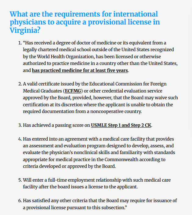 The law in Virginia provides a pathway for physicians licensed in foreign countries to temporarily practice medicine in Virginia and eventually obtain full licensure after meeting specific requirements without having to repeat residency in the U.S. 🇺🇸

Bill Status
✅Approved by