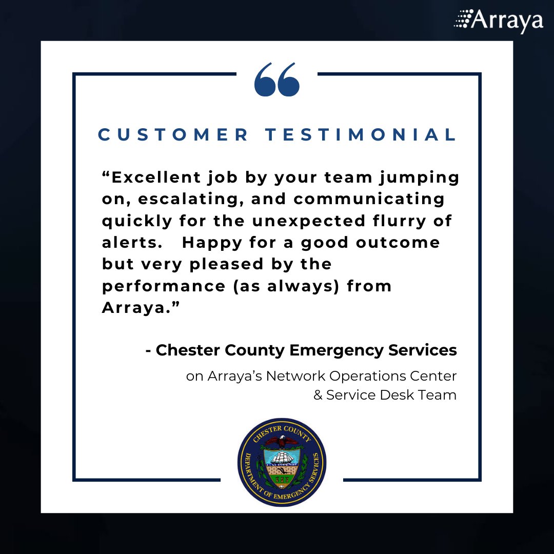 ArrayaSolutions's tweet image. The Arraya team is built for moments like this.
Quick response, proactive communication, and a steady hand helped ensure a smooth outcome.
How can we help your organization? Get in touch: ow.ly/KE4C50W43hx
#CustomerExperience #TechSupport #ManagedServices