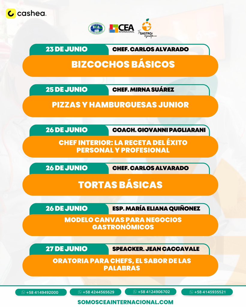 🌟 ¡VUELVEN LOS TALLERES GASTRONÓMICOS! 🌟

¿Listo para llevar tus habilidades culinarias al siguiente nivel? No pierdas la oportunidad de aprender con destacados Chefs y reconocidos especialistas en un ambiente exclusivo especialmente diseñado para ti 🏆