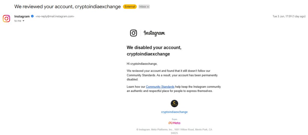 On 3rd June, both our Facebook &amp; Instagram accounts were suddenly suspended without any violation of community guidelines. <a href="/instagram/">Instagram</a> <a href="/facebook/">Facebook</a> <a href="/Meta/">Meta</a> 

We recovered Facebook twice after re-suspension, but Instagram is now permanently disabled with no option to appeal.
This has