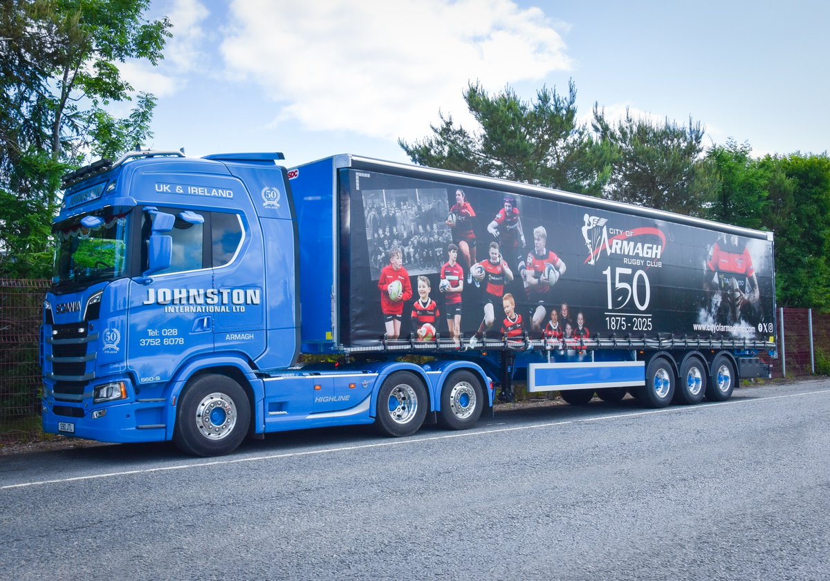 SDCtrailers's tweet photo. Can you spot a few familiar faces rolling out with Johnston International Transport on their brand new SDC Curtainsider? Sending our congratulations to City of Armagh Rugby Club as they celebrate 150 Years with this special anniversary trailer. 🙌
 
#RollingWithSDC https://t.co/mlX4UrckYP