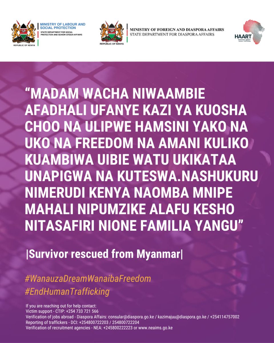 The freedom I have here is better than being forced into criminality.”

Behind every rescued survivor is a story of strength and stolen choices.
Let's end forced criminality and restore dignity to migrant workers.

#WanauzaDreamWanaibaFreedom #StopForcedCriminality #HAARTKenya