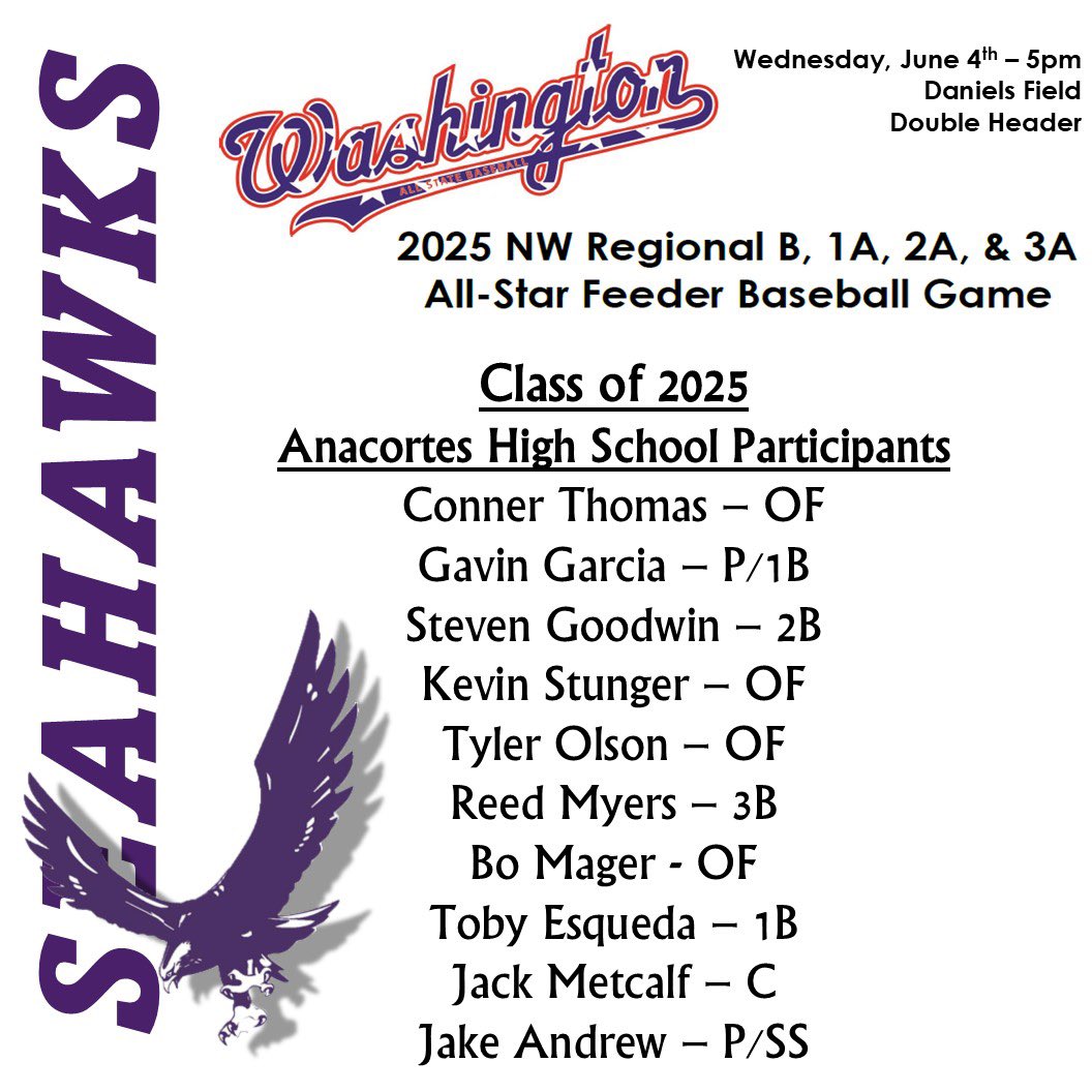 CONGRATULATIONS to our Seniors!

Join us today as we recognize the regions top senior baseball players in the 2025 NW Senior Feeder Game. The two 8 inning games will be played Daniels Field. Game times are 5 &amp; 7:30 <a href="/allstatewabb/">Washington All State Baseball</a>