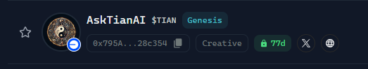 Aokie <a href="/AskTianAI/">AskTian</a> finally lockkedd.

Time to stakerino, get more pointsorino from <a href="/virtuals_io/">Virtuals Protocol</a>