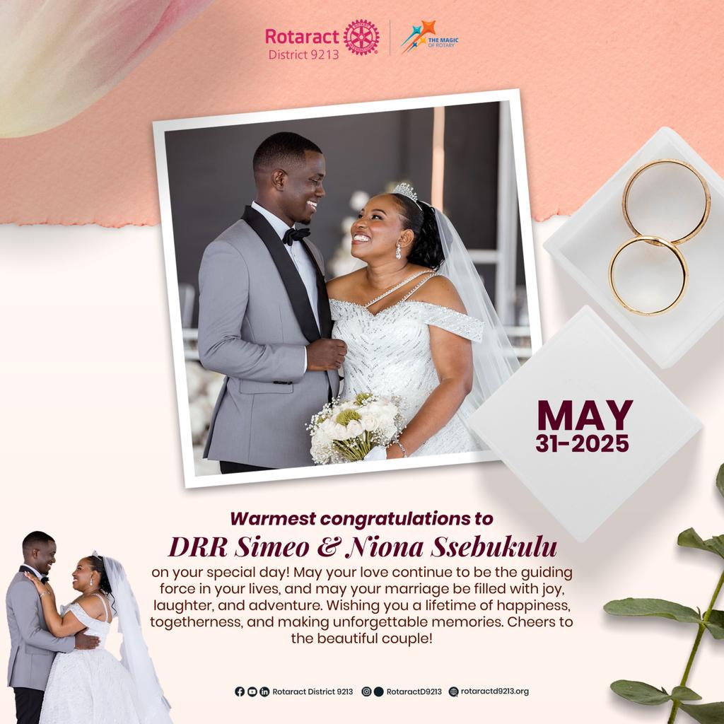 Rotaract District 9213 (@rotaractd9213) on Twitter photo Congratulations, our ever-inspiring DRR <a href="/SimeoSsebukulu/">Simeo Ssebukulu</a> and your beautiful wife Niona❤️🎉
You've not only led our district with dedication and passion, but you've also continually set shining examples for us to follow. 👏 We wish you so much love and blessings in your marriage💗 Congratulations, our ever-inspiring DRR <a href="/SimeoSsebukulu/">Simeo Ssebukulu</a> and your beautiful wife Niona❤️🎉
You've not only led our district with dedication and passion, but you've also continually set shining examples for us to follow. 👏 We wish you so much love and blessings in your marriage💗