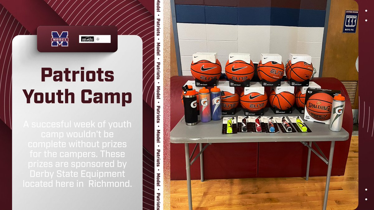 Thank you to Derby State Equipment for sponsoring the prizes that were available to our campers during the Coach Evans Patriot Youth Camp this week.