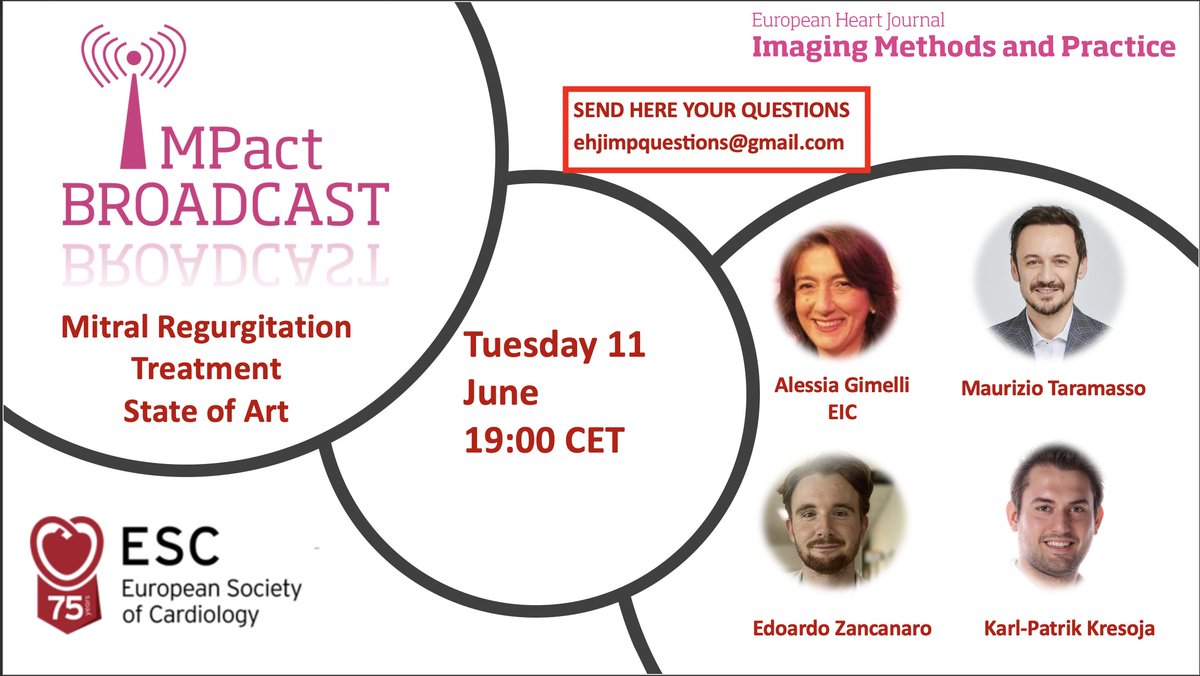 European Society of Cardiology Journals (@esc_journals) on Twitter photo NEWS from #EHJIMP
Write here: ehjimpquestions@gmail.com to collect question for the next broadcast about "Primary #MR in #transcatheter era" with <a href="/m_taramasso/">Maurizio taramasso</a> <a href="/KP_Kresoja/">Karl-Patrik Kresoja</a> <a href="/EZancanaroMD/">Edoardo Zancanaro MD</a> <a href="/alessia_gimelli/">Alessia Gimelli</a>
This set of experts will discuss about the current guidelines and future NEWS from #EHJIMP
Write here: ehjimpquestions@gmail.com to collect question for the next broadcast about "Primary #MR in #transcatheter era" with <a href="/m_taramasso/">Maurizio taramasso</a> <a href="/KP_Kresoja/">Karl-Patrik Kresoja</a> <a href="/EZancanaroMD/">Edoardo Zancanaro MD</a> <a href="/alessia_gimelli/">Alessia Gimelli</a>
This set of experts will discuss about the current guidelines and future