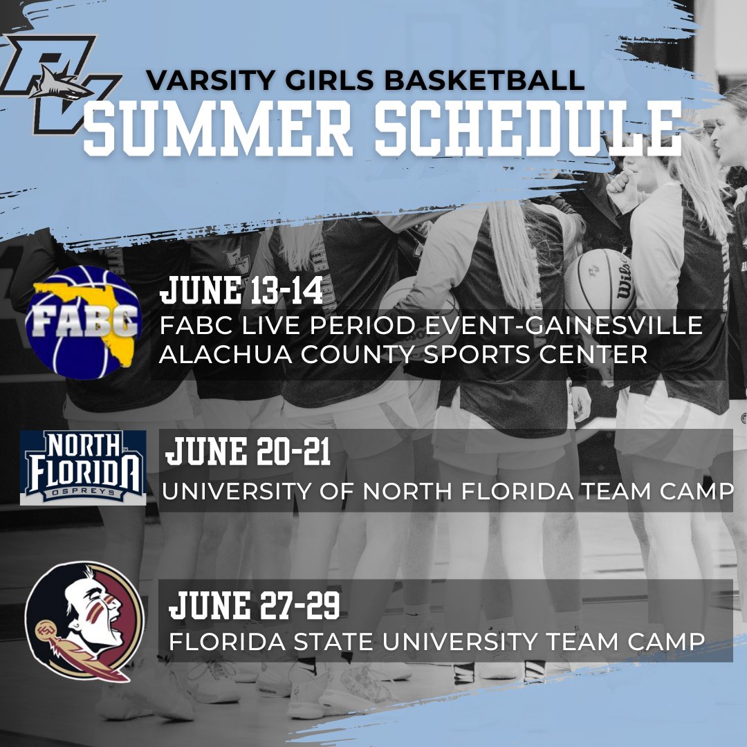PVHS Girls Basketball (@pvhsgirlsbball) on Twitter photo Excited for a great JUNE! Here's our Varsity Summer Schedule...playing in <a href="/FABCHoops/">FABC Hoops</a> Live Period Event, <a href="/OspreyWBB/">UNF Women's Basketball</a> team camp, and <a href="/fsuwbb/">FSU Women's Basketball</a> team camp! Plus some local summer league games. We have talented players in every class & can't wait to build our culture & team chemistry! Excited for a great JUNE! Here's our Varsity Summer Schedule...playing in <a href="/FABCHoops/">FABC Hoops</a> Live Period Event, <a href="/OspreyWBB/">UNF Women's Basketball</a> team camp, and <a href="/fsuwbb/">FSU Women's Basketball</a> team camp! Plus some local summer league games. We have talented players in every class & can't wait to build our culture & team chemistry!