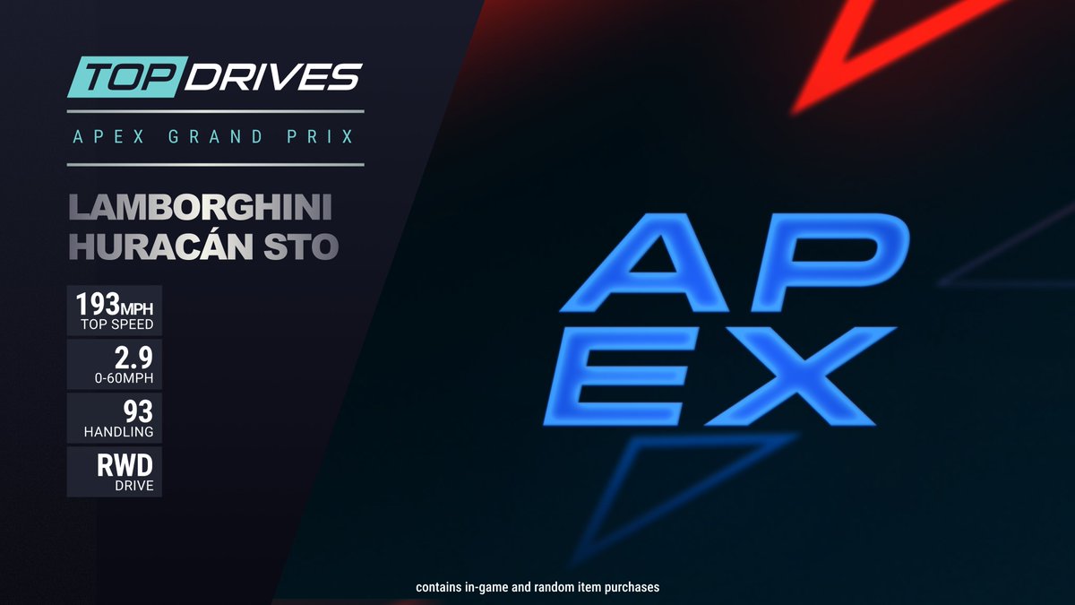 Our next Apex Grand Prix is for the Lamborghini Huracán STO, the Super Trofeo race car, homologated for the road!

The Apex Grand Prix Objectives, Apex Open Challenge, &amp; Qualifier I Events begin Thursday, June 5 at 9pm.

For more details just check out the in-game inbox 📬