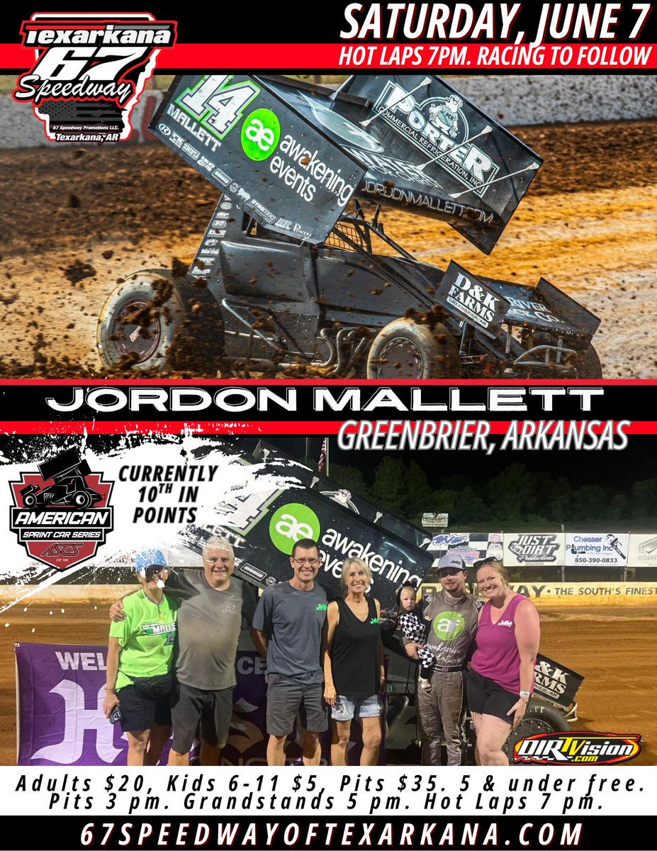 Texarkana 67 Speedway (@texarkana67) on Twitter photo Greenbrier, Arkansas' Jordon Mallett is currently 10th in the <a href="/ASCSRacing/">American Sprint Car Series</a> points chase. Jordon has raced at <a href="/Texarkana67/">Texarkana 67 Speedway</a> over the years and we look forward to having him and his team back with us this Saturday night.
We will have the ASCS Sprints cars, Mod Lites of Arkansas as Greenbrier, Arkansas' Jordon Mallett is currently 10th in the <a href="/ASCSRacing/">American Sprint Car Series</a> points chase. Jordon has raced at <a href="/Texarkana67/">Texarkana 67 Speedway</a> over the years and we look forward to having him and his team back with us this Saturday night.
We will have the ASCS Sprints cars, Mod Lites of Arkansas as