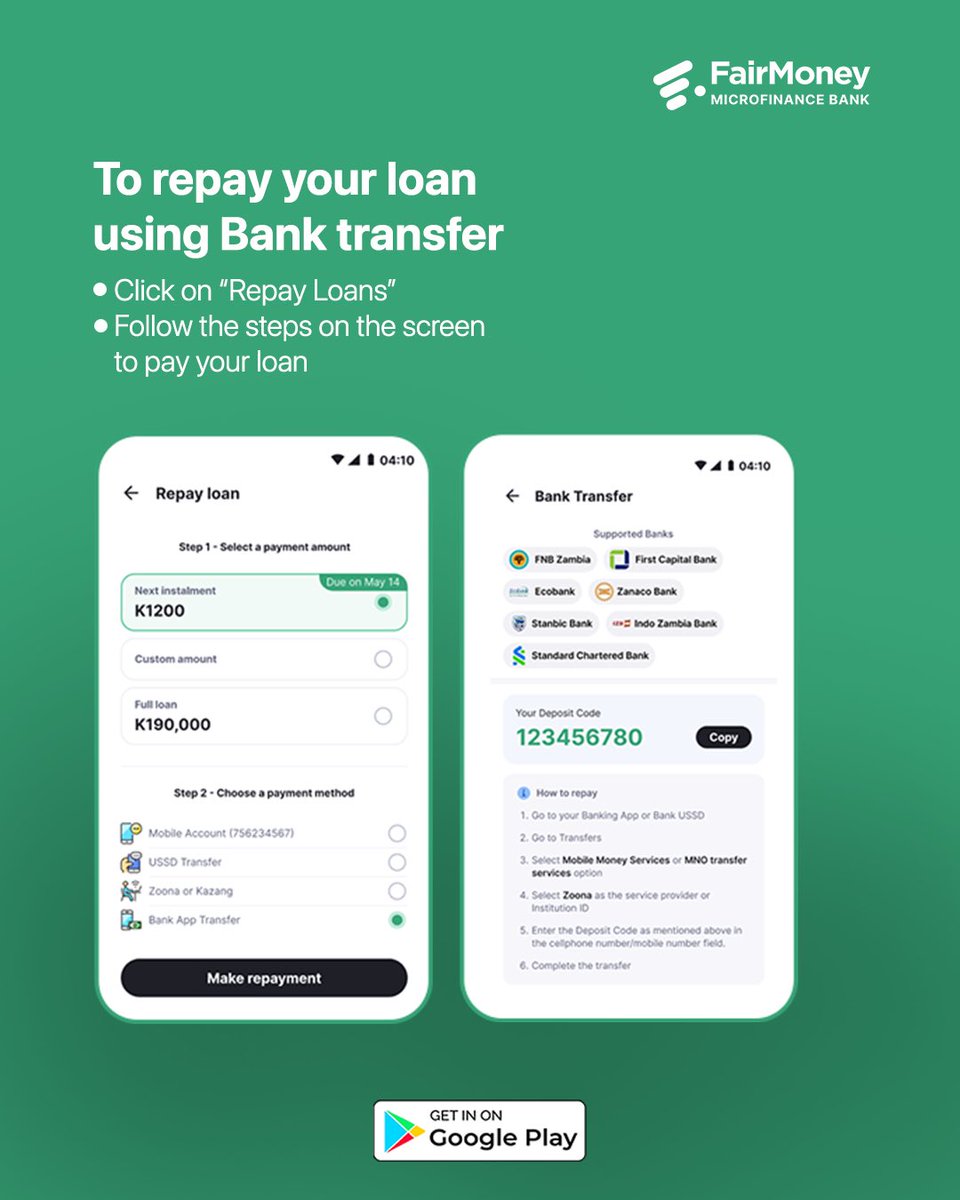Zambians, we’ve made it easier! 

Repay your FairMoney loan at any Zoona or Kazang outlet or simply use a bank transfer.