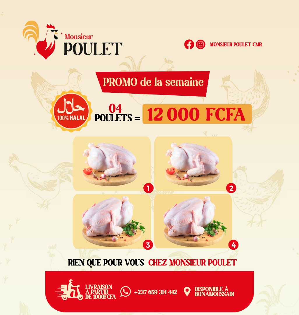 MrPouletCMR's tweet photo. 🔥 La sélection choc à ne pas louper :
12 000 FCFA → 4 poulets frais
20 000 FCFA → 3 poulets frais + 1 poulet fumé + 2 kg de cuisses + 1 kg d’ailes
Du croustillant, du juteux, de la saveur pure à prix mini
#PouletHalal #PromoSpéciale #BonDeal https://t.co/M9Se7BlH8h