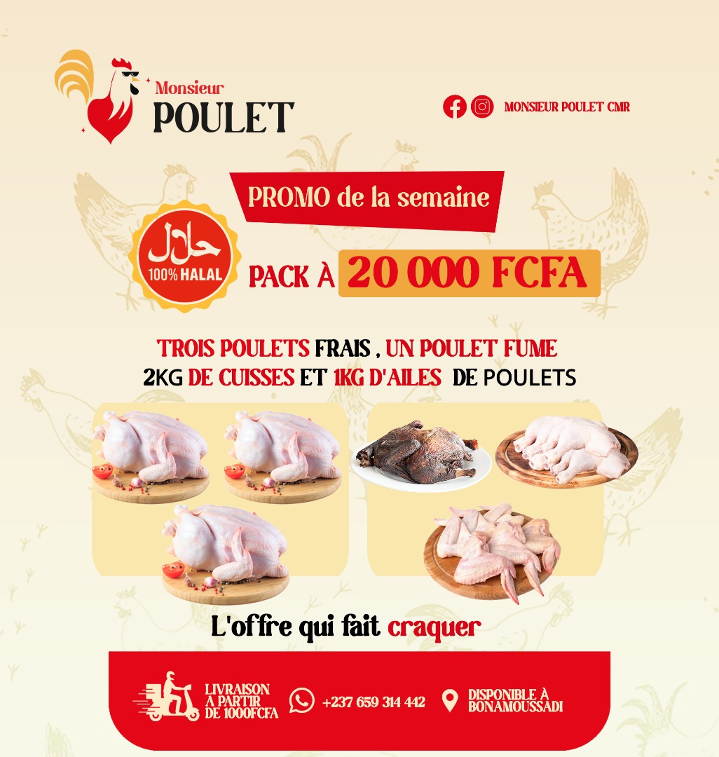 MrPouletCMR's tweet photo. 🔥 La sélection choc à ne pas louper :
12 000 FCFA → 4 poulets frais
20 000 FCFA → 3 poulets frais + 1 poulet fumé + 2 kg de cuisses + 1 kg d’ailes
Du croustillant, du juteux, de la saveur pure à prix mini
#PouletHalal #PromoSpéciale #BonDeal https://t.co/M9Se7BlH8h