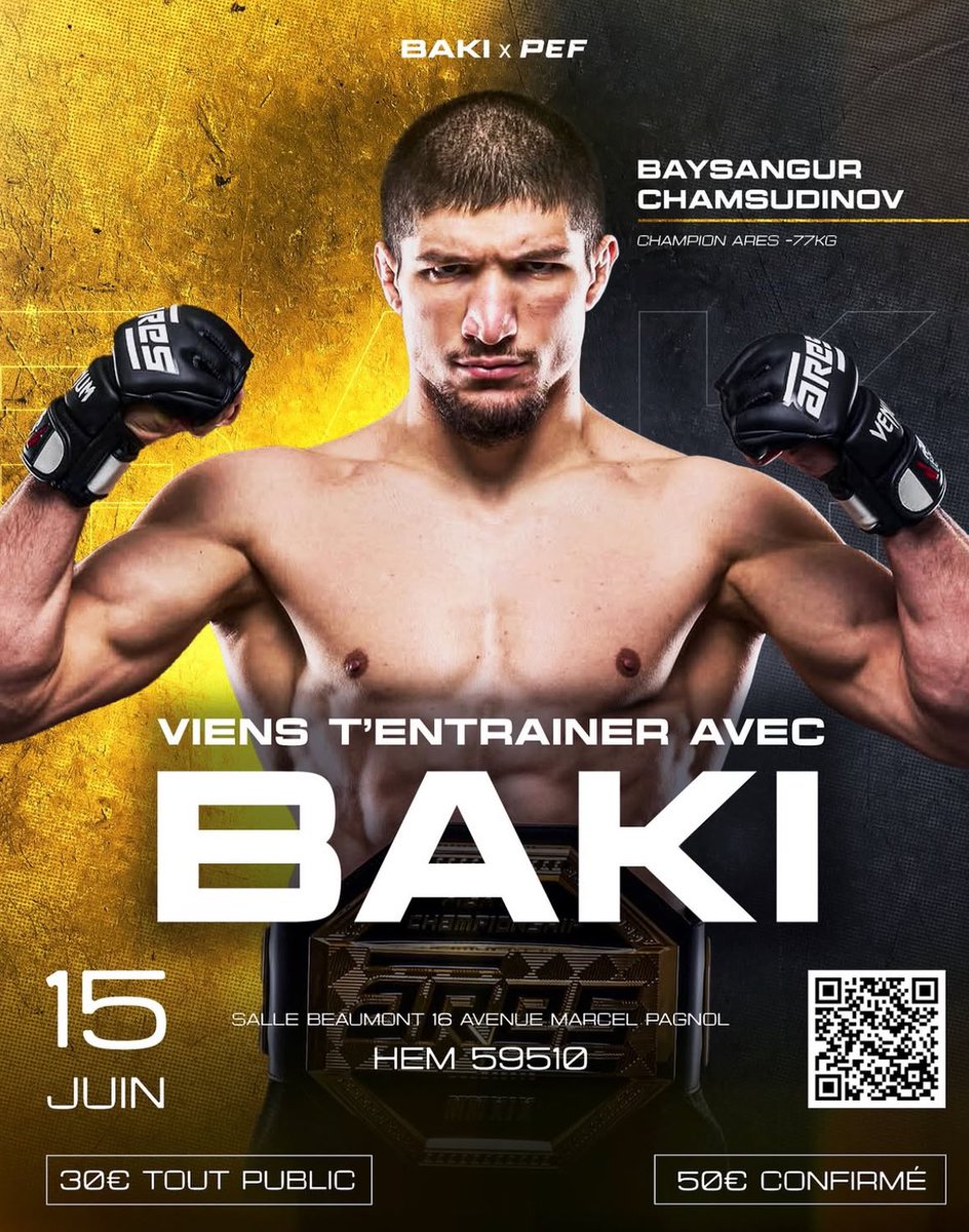 🔥 Formation MMA BAKI X PEF 🔥

Initiez-vous ou perfectionnez vos techniques de MMA dans un cadre pédagogique et dynamique !

BILLETTERIE 🎟️ : [tickets.tickie.io/event/stage-ba…]

Le PEF s'associe exceptionnellement avec Baysangur Chamsoudinov, champion de l'ARES et figure emblématique du