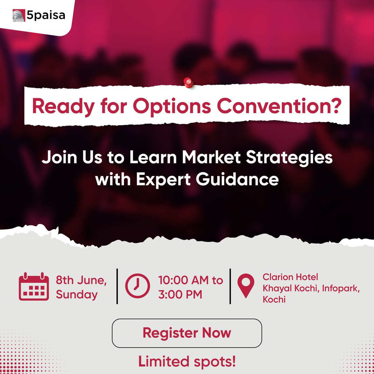 5paisa's tweet photo. What’s the right strategy at the right time?
Get the answers live at the 5paisa Options Convention where traders meet insights.
📍Come meet us in Kochi and connect with traders live!
Register Now: https://t.co/TBDbcOvmos
#5paisa #OptionsConvention #TrademadeEasy #OptionsTrading #StockMarketIndia #Kochi