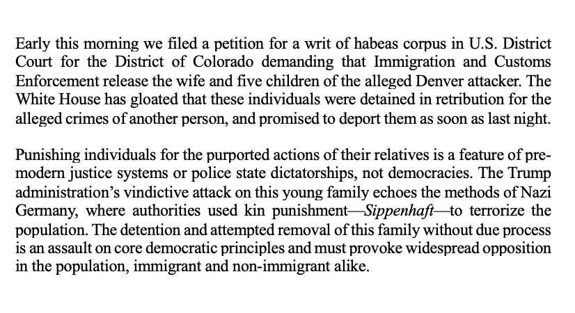 Habeas petition filed on behalf of wife &amp; children of alleged Denver attacker who were detained by ICE &amp; face imminent threat of deportation. Initial statement: