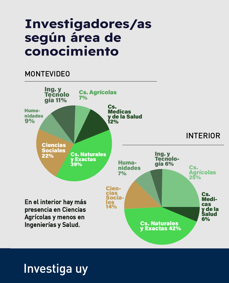 investigauy's tweet photo. En diciembre del 2024 la Comisión del Interior de Investiga uy realizó un conversatorio que buscó discutir y visibilizar las brechas territoriales para la investigación en Uruguay. Para ello contamos con la presencia de la Dra. Belén Baptista. En este posteo compartimos algunos datos que surgen de su informe titulado "Una aproximación a las Brechas Territoriales en las Capacidades de Investigación en Uruguay”, estos son un valioso aporte para caracterizar la situación en nuestro país.

¿Dónde se investiga en Uruguay?

📍 El 77% de los/as investigadores/as vive en Montevideo.
📉 Solo el 6,5% en el norte del país.
🧪 Montevideo concentra 5 veces más investigadores/as por persona activa que el resto del país.

Desigualdades que se profundizan

📊 En Montevideo, el 24% está en niveles altos del SNI; en el interior, solo el 14%.
🚺 En 2022 no había mujeres en el Nivel III fuera de la capital.

🌾 El interior se enfoca más en Ciencias Agrícolas, menos en Salud e Ingenierías.
Frente a este panorama nos preguntamos:

¿Qué capacidades necesita cada territorio?
¿Qué rol tiene la virtualidad?
¿Cómo tejemos redes para descentralizar el conocimiento?
🤝 Se necesita decisión, apoyo y vínculos sostenidos.

#investigacion #ciencia #brechasterritoriales