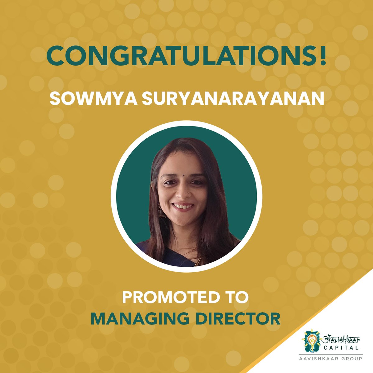 Aavishkaar Capital (@aavishkaarvc) on Twitter photo Thrilled to announce the Promotions for FY25-26 at Aavishkaar Capital, recognizing the Leaders who have taken us on a journey of excellence.
We welcome and congratulate Sowmya Suryanarayanan in her new role as a Managing Director.
#WorkingatAavishkaarCapital <a href="/SowmyaSuryan/">Sowmya Suryanarayanan</a> Thrilled to announce the Promotions for FY25-26 at Aavishkaar Capital, recognizing the Leaders who have taken us on a journey of excellence.
We welcome and congratulate Sowmya Suryanarayanan in her new role as a Managing Director.
#WorkingatAavishkaarCapital <a href="/SowmyaSuryan/">Sowmya Suryanarayanan</a>