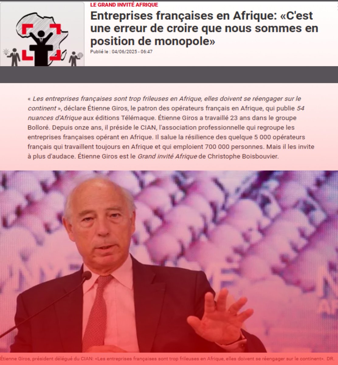 Afrique : la France défend-elle encore ses intérêts ?  

Étienne Giros a brisé les tabous sur RFI ce 4 juin 2025. 

Le patron du CIAN a révélé les vraies données économiques et dénoncé les idées reçues sur l'Afrique.

Lien de l'article : blogs.mediapart.fr/amdb/blog/0406…

#France #economie