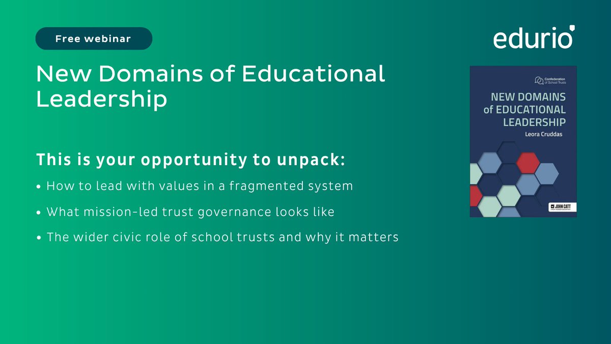 eduriocom's tweet image. What kind of leadership does education need now? On 23 June, 12 noon, join Leora Cruddas (CST) &amp;amp; Ernest Jenavs (Edurio) for a live session on leading with ethics, clarity &amp;amp; civic purpose. 
📘 Based on New Domains of Educational Leadership 🔗go.edurio.com/edurio-book-cl…