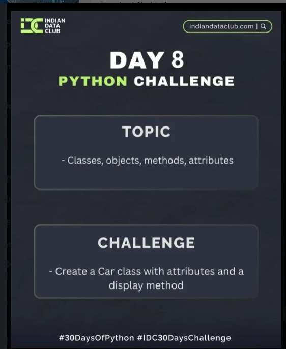 BushraKhan161's tweet photo. 🗣️ “Hey, this is a Mercedes in jet black. Start the car!”
🗣️ “This is a BMW in midnight blue. Hit the brakes!”
Learning Object-Oriented Programming in Python feels like giving life to machines 🤖✨

#Python #OOP #30DaysPythonChallenge #CodeNewbie #TechLearning https://t.co/hPG0zSvcGf
