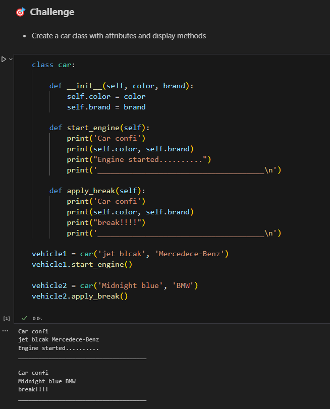 BushraKhan161's tweet photo. 🗣️ “Hey, this is a Mercedes in jet black. Start the car!”
🗣️ “This is a BMW in midnight blue. Hit the brakes!”
Learning Object-Oriented Programming in Python feels like giving life to machines 🤖✨

#Python #OOP #30DaysPythonChallenge #CodeNewbie #TechLearning https://t.co/hPG0zSvcGf