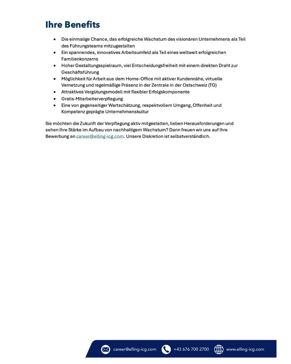 Wir suchen: Head of Sales (m/w/d) im Bereich Food-Tech 

Ostschweiz | Fokus: DACH &amp; Internationalisierung

✅ Hands-on Key Account Management und Skalierung 
✅ Ausbau Vertriebsstrategie und Systeme 
✅ Teamführung mit Unternehmergeist

Jetzt bewerben → career@elling-icg.com