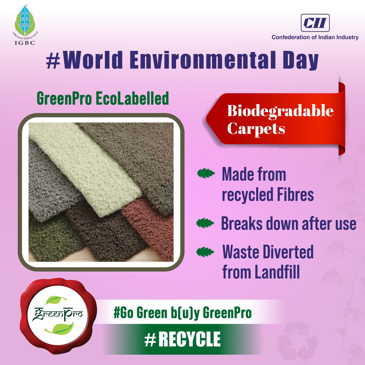 IGBConline's tweet photo. Walk lightly with less impact! 🌍

 These GreenPro-certified carpets are made from recycled fibers and designed to biodegrade—soft underfoot, soft on the planet. Perfect for green interiors and ocean-safe too!

#EcoFloors #GreenPro #Recycle #WorldEnvironmentDay https://t.co/iHrWDk3yse