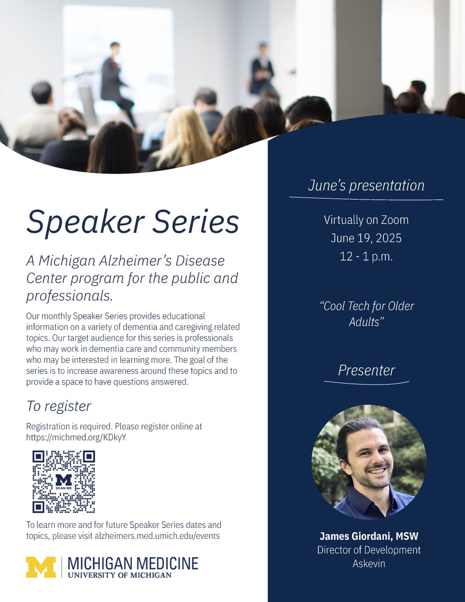 Join us on June 19 from 12 – 1 p.m. for our speaker series event. James Giordani, MSW, Director of Development, AsKevin will present “Cool Tech for Older Adults” virtually on Zoom. 

Registration is required and available on medresearch.umich.edu/events/madc-sp….