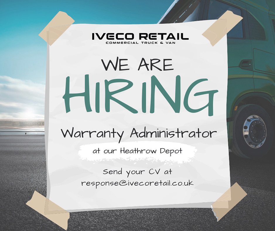 WE ARE HIRING! 

IVECO Retail is looking for a Warranty Administrator to join our team at the Heathrow Depot!

Location: Heathrow Depot
Apply Now: Send your CV to response@ivecoretail.co.uk

Be part of a dynamic team with a strong commitment to excellence and customer service.