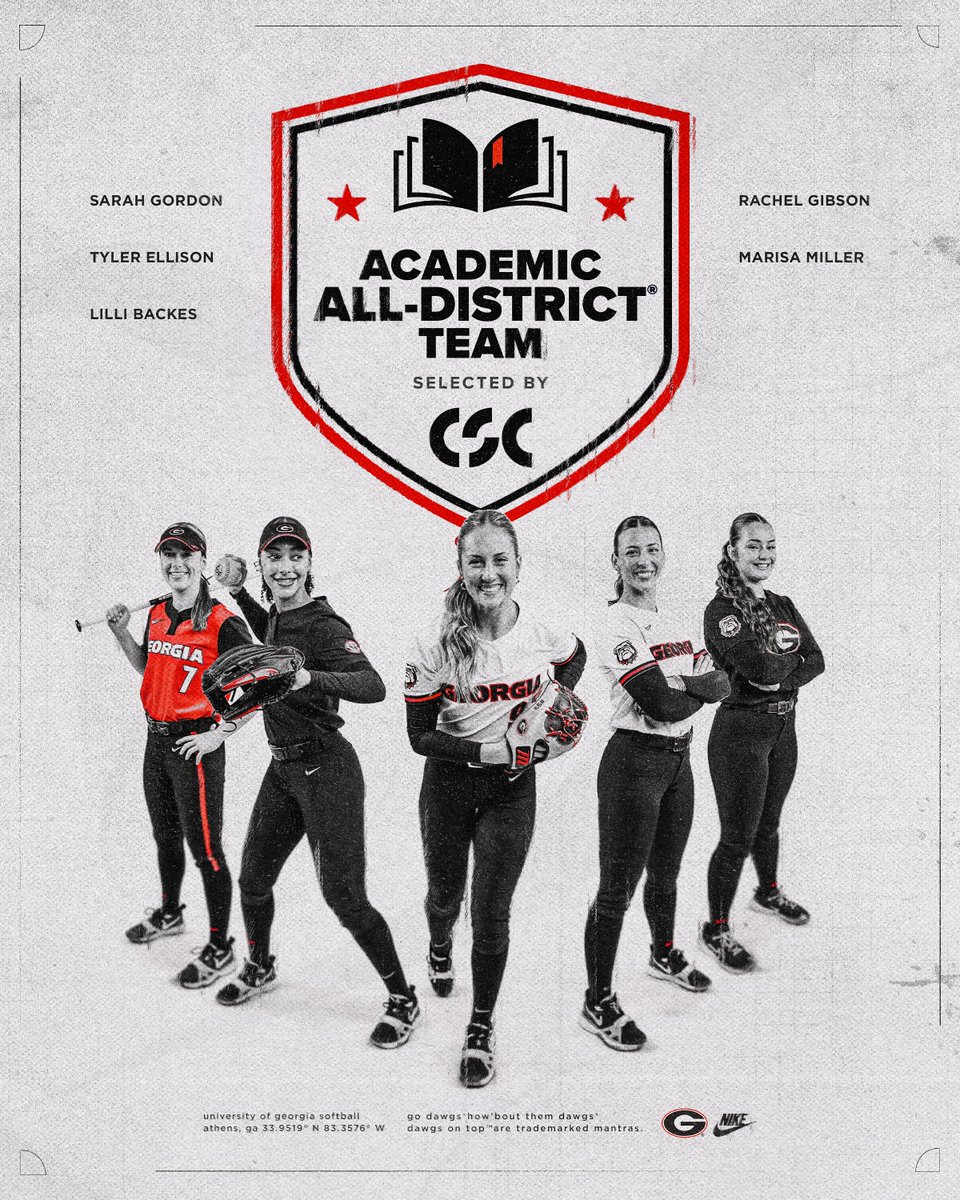 Georgia Softball (@ugasoftball) on Twitter photo STUDENT-athletes 📝
the Bullldogs placed 5️⃣ student-athletes on the 2025 <a href="/CollSportsComm/">College Sports Communicators</a> Academic All-District Team‼️
#Team29 | #GoDawgs STUDENT-athletes 📝
the Bullldogs placed 5️⃣ student-athletes on the 2025 <a href="/CollSportsComm/">College Sports Communicators</a> Academic All-District Team‼️
#Team29 | #GoDawgs