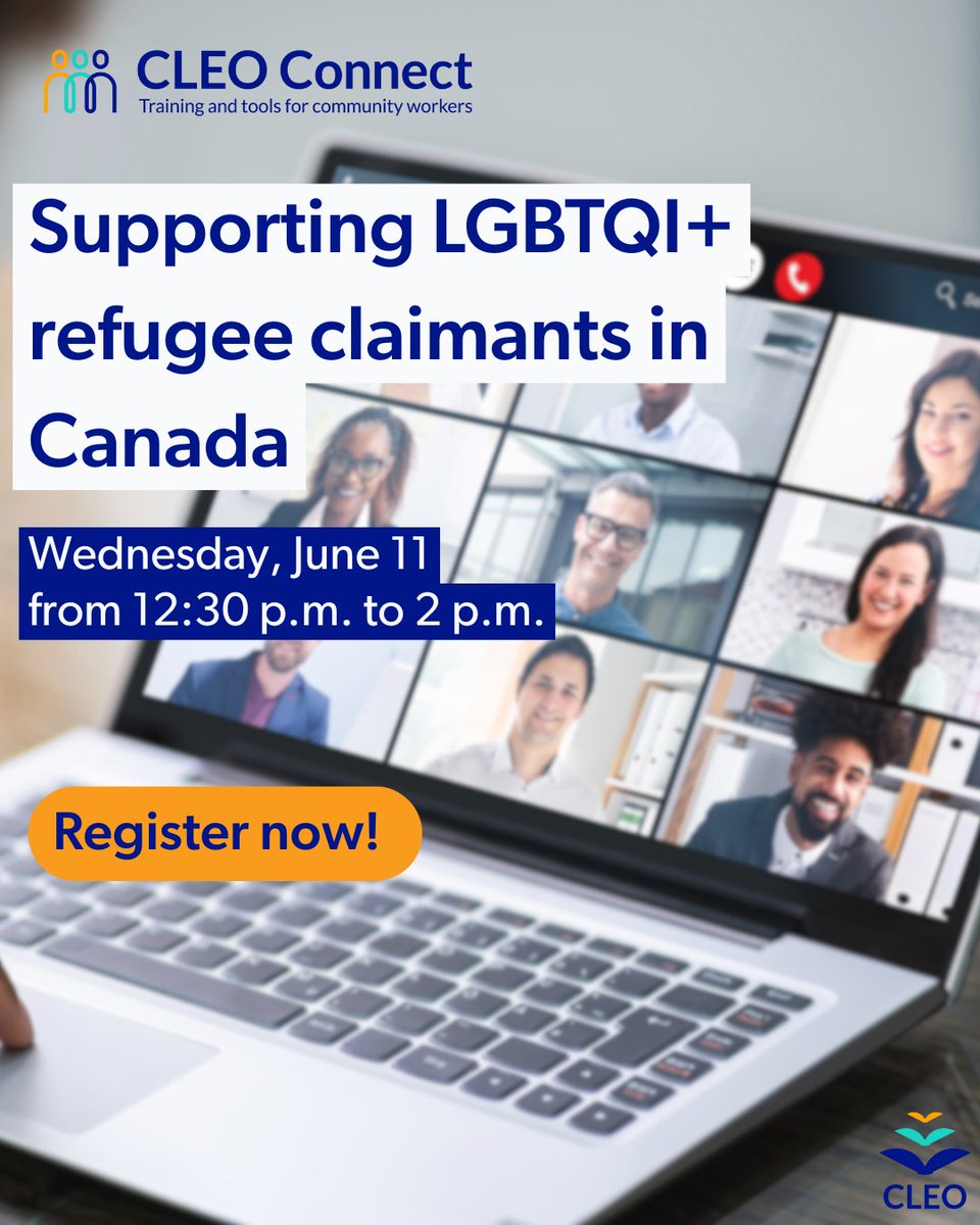 CLEOConnect's tweet image. There are still spots for our upcoming webinar for community workers to understand the difficulties LGBTQI+ people face in making refugee claims and what they can do to support them.
Register now: outreach.cleo.on.ca/civicrm/?civiw…