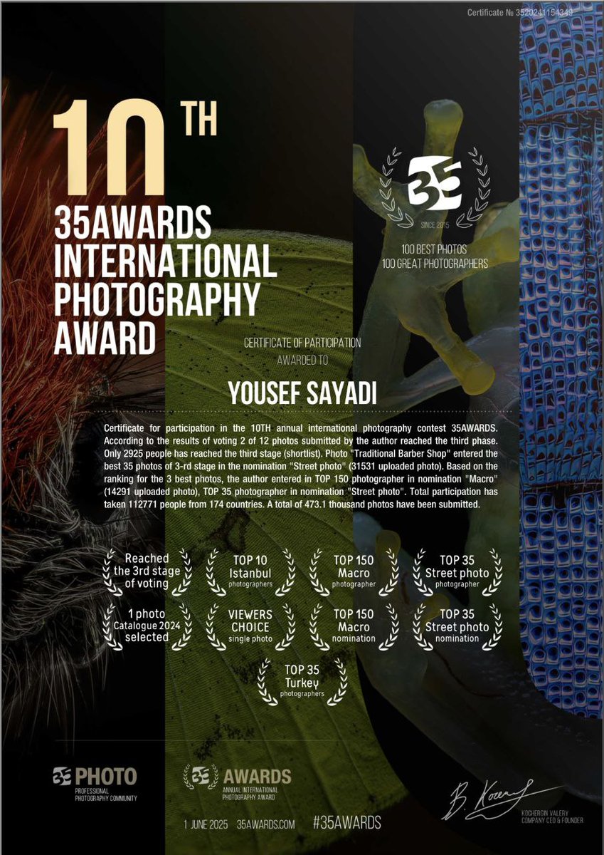 Matifo970's tweet image. Excited to share this amazing news with you about 10th #35awards İnternational photography Contest between 473.1k participants:
Top 35 street photos (31531 uploaded photos)
Top 35 Turkey
Top 10 Istanbul
Top 150 macro category