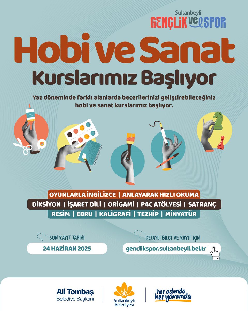 Hobi ve Sanat Kurslarımızla bu yaz dopdolu geçecek. 💫

📌Oyunlarla İngilizce
📌Anlayarak Hızlı Okuma
📌Diksiyon
📌İşaret Dili
📌Origami
📌P4C Atölyesi
📌Satranç
📌Resim
📌Ebru
📌Kaligrafi
📌Tezhip
📌Minyatür

İlgi duyduğunuz alanda yeteneklerinizi geliştirmek için kurslarımıza